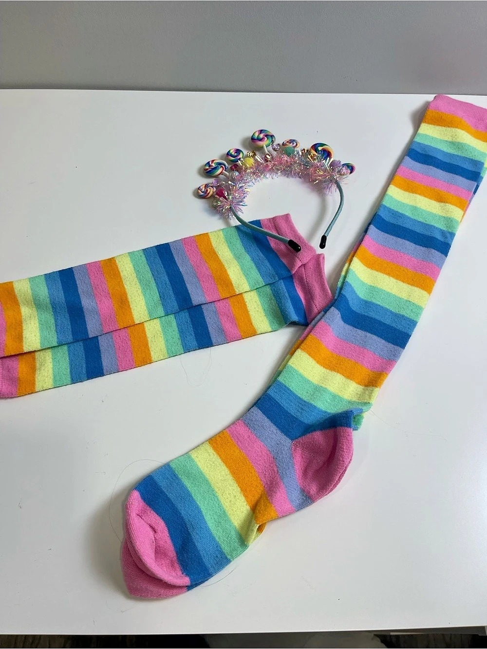 Candyland candy princess costume piece Rainbow Striped Sock & Lollipop Headband